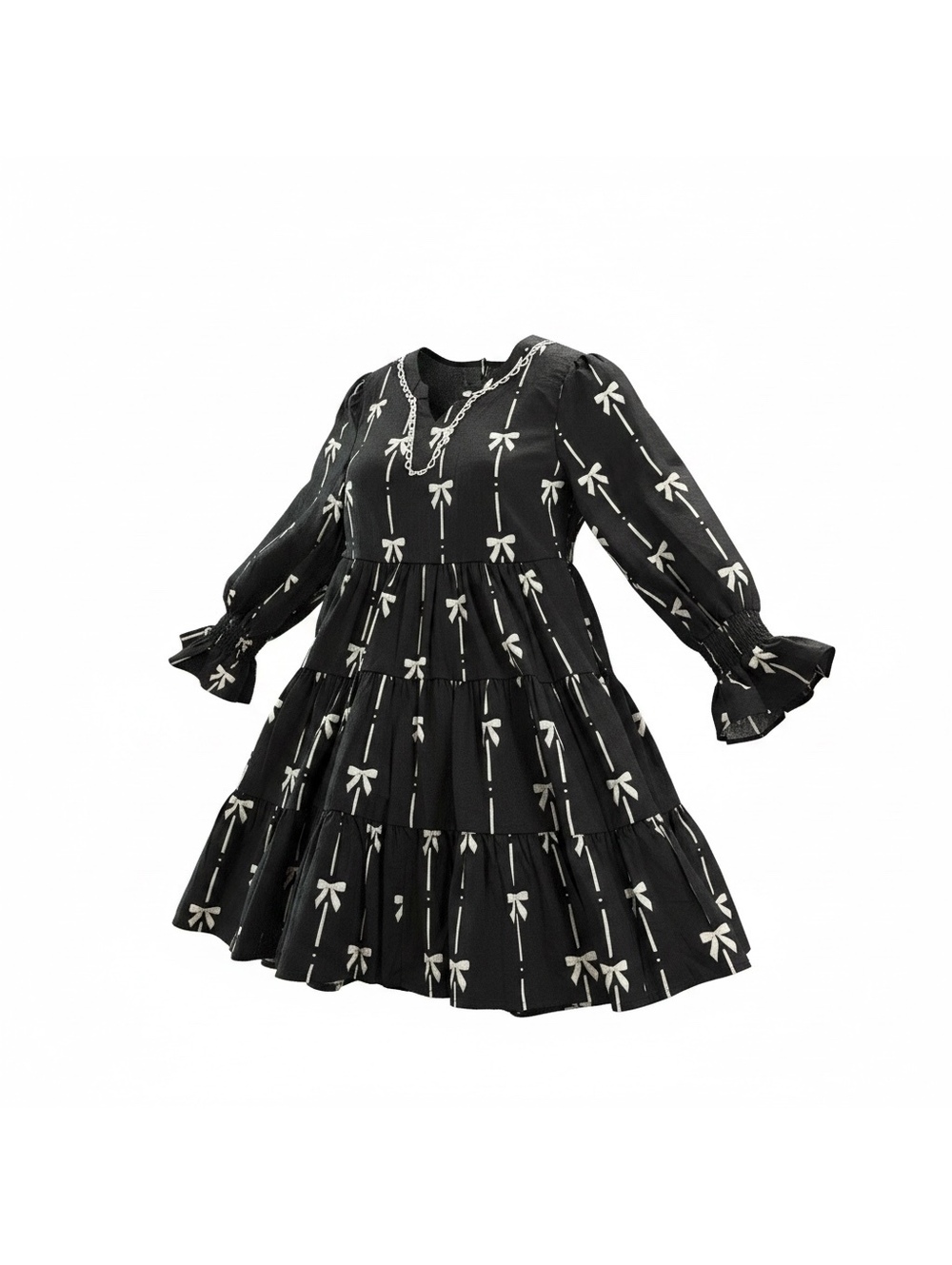 SHOP THE MINT Black Girl's Dress with White Bow Pattern, Tiered Skirt, Ruffled